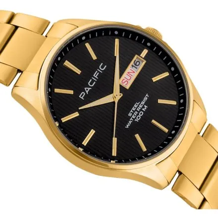 Pacific SMB-1075D-07 złoty męski zegarek z polskim datownikiem i wodoszczelnością 100M