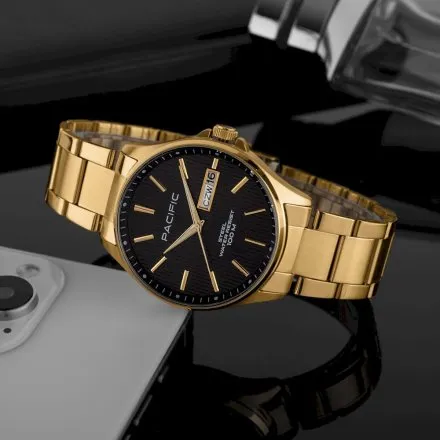 Pacific SMB-1075D-07 złoty męski zegarek z polskim datownikiem i wodoszczelnością 100M