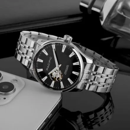 Pacific SAMA-1702-03 Automat na bransolecie czarny męski zegarek open heart