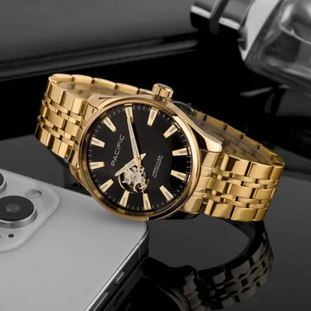 Pacific SAMA-1702-04 Automat na bransolecie złoty męski zegarek open heart