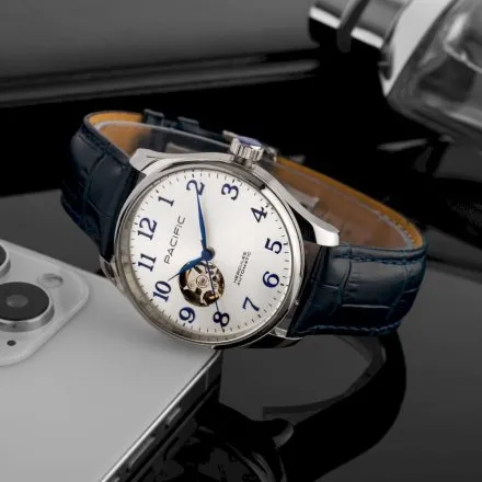 Pacific SAMA-1701-02 Automat srebrno-niebieski męski zegarek open heart