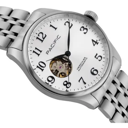 Pacific SAMB-1701-01 Automat srebrny męski zegarek na bransolecie open heart