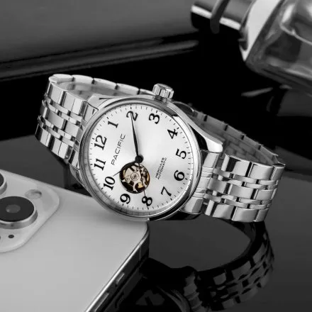 Pacific SAMB-1701-01 Automat srebrny męski zegarek na bransolecie open heart