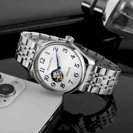 Pacific SAMB-1701-02 Automat srebrny męski zegarek na bransolecie open heart