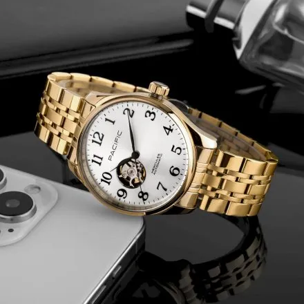 Pacific SAMB-1701-03 Automat złoty męski zegarek na bransolecie open heart