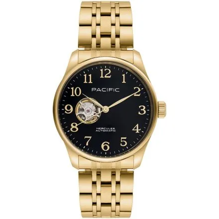 Pacific SAMB-1701-04 Automat złoto-czarny męski zegarek na bransolecie open heart