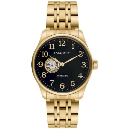Pacific SAMB-1701-04 Automat złoto-czarny męski zegarek na bransolecie open heart
