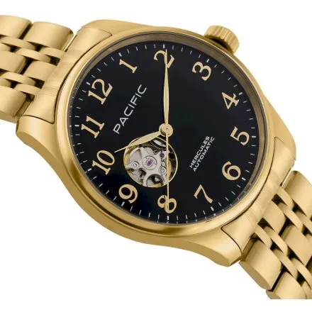 Pacific SAMB-1701-04 Automat złoto-czarny męski zegarek na bransolecie open heart