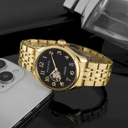 Pacific SAMB-1701-04 Automat złoto-czarny męski zegarek na bransolecie open heart