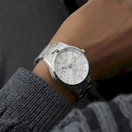 Guess Trey srebrny zegarek męski srebrna tarcza multidata GW0963G 