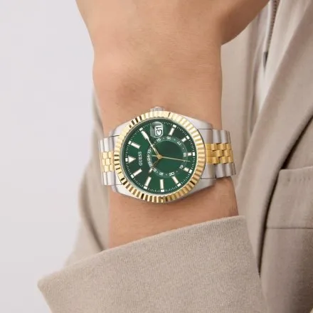 Guess Jaden zegarek męski srebrno-złoty zielona tarcza datownik GW0977G4