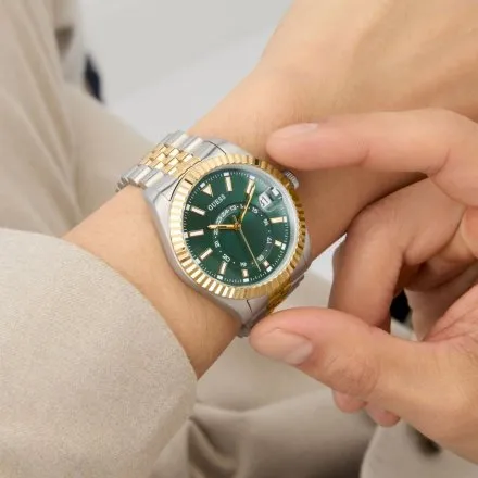 Guess Jaden zegarek męski srebrno-złoty zielona tarcza datownik GW0977G4