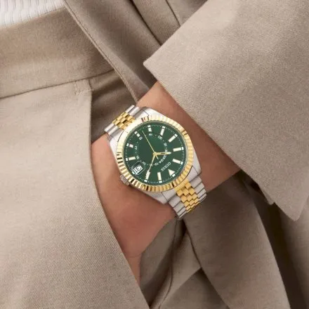 Guess Jaden zegarek męski srebrno-złoty zielona tarcza datownik GW0977G4