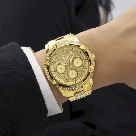 Guess Regal złoty zegarek męski z kryształkami multidata GW0990G2