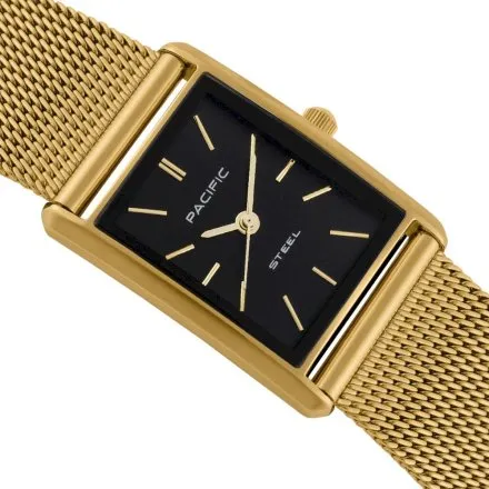 Zegarek damski złoto-czarny Pacific SLC-1604-07 prostokątny na bransolecie mesh