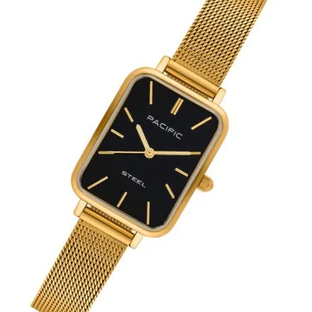 Zegarek damski złoto-czarny Pacific SLC-1602-05prostokątny na bransolecie mesh