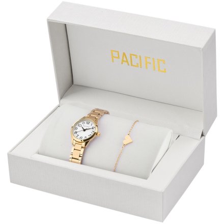 Pacific X6131-22 komplet złoty zegarek + bransoletka serce elegancki zestaw dla kobiet