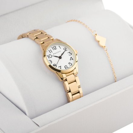 Pacific X6131-22 komplet złoty zegarek + bransoletka serce elegancki zestaw dla kobiet