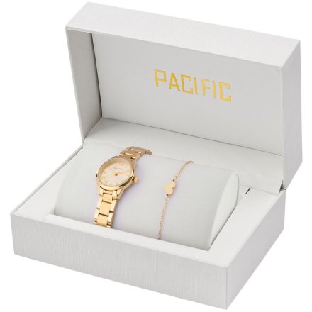 Pacific X6131-23 komplet złoty zegarek + bransoletka serce elegancki zestaw dla kobiet