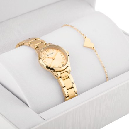 Pacific X6131-23 komplet złoty zegarek + bransoletka serce elegancki zestaw dla kobiet