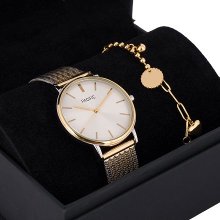 Pacific X6159-05 komplet złoty zegarek + bransoletka zawieszki elegancki zestaw dla kobiet