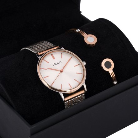 Pacific X6159-06 komplet różowozłoty zegarek + bransoletka elegancki zestaw dla kobiet
