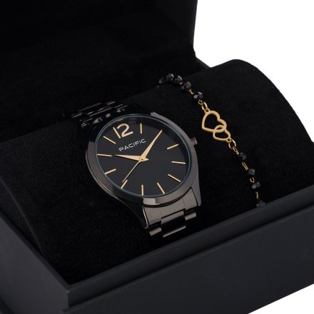 Pacific X6222-14 komplet czarny zegarek + bransoletka elegancki zestaw dla kobiet