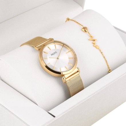 Pacific X6142-02 komplet złoty zegarek + bransoletka elegancki zestaw dla kobiet