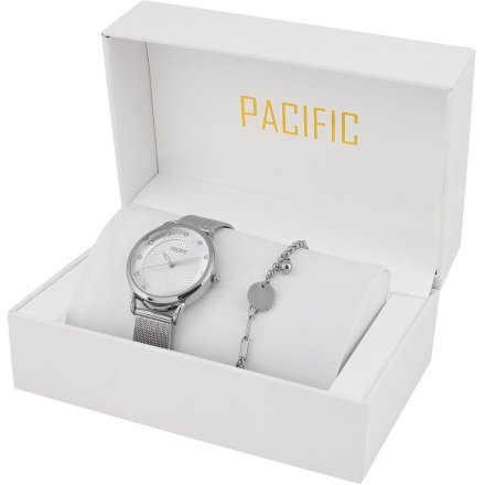 Pacific X6192-01 komplet srebrny zegarek + bransoletka elegancki zestaw dla kobiet