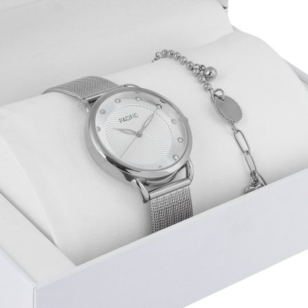 Pacific X6192-01 komplet srebrny zegarek + bransoletka elegancki zestaw dla kobiet