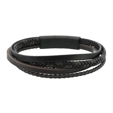 Czarno-brązowa klasyczna skórzana bransoletka męska z rzemykami Pacific LB-038-B3