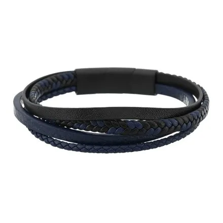 Czarno-granatowa klasyczna skórzana bransoletka męska z rzemykami Pacific LB-038-B4