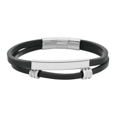 Czarno-srebrna klasyczna skórzana bransoletka męska podwójna LB-040-S1