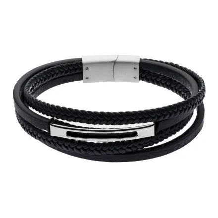 Czarno-srebrna klasyczna skórzana bransoletka męska z rzemykami Pacific LB-077-S1