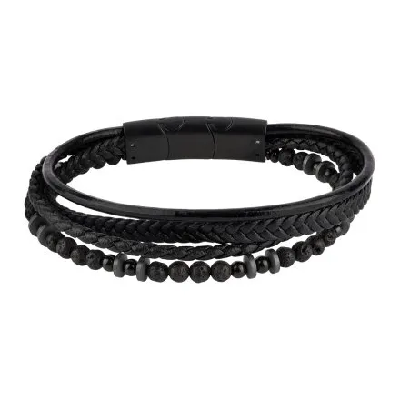 Czarna klasyczna skórzana bransoletka męska z rzemykami Pacific LB-084-B1