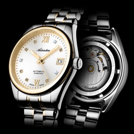 Adriatica Zegarek Damski Automatic Diamonds na srebrno-złotej bransolecie A3198.2183DA