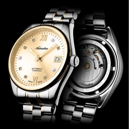 Adriatica Zegarek Damski Automatic Diamonds na srebrno-złotej bransolecie A3198.2181DA