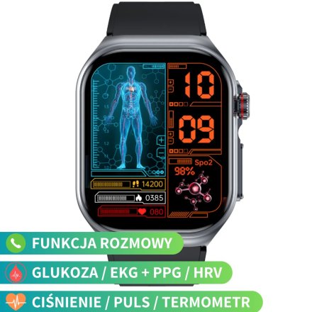 Rubicon RNCF36 smartwatch z pomiarem cukru i EKG czarny z paskiem SMARUB310