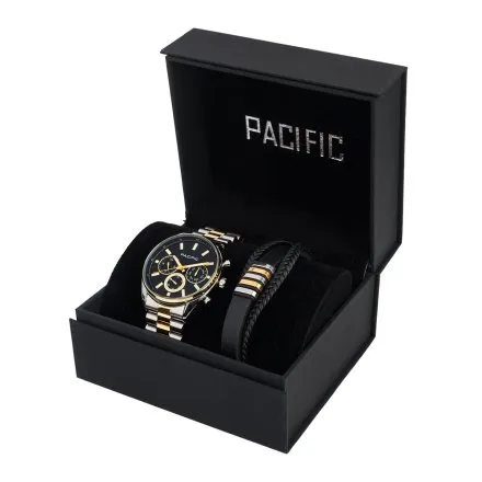 Pacific PCMB-0001-04 komplet srebrno-złoty zegarek + bransoletka elegancki zestaw dla mężczyzn
