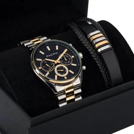 Pacific PCMB-0001-04 komplet srebrno-złoty zegarek + bransoletka elegancki zestaw dla mężczyzn