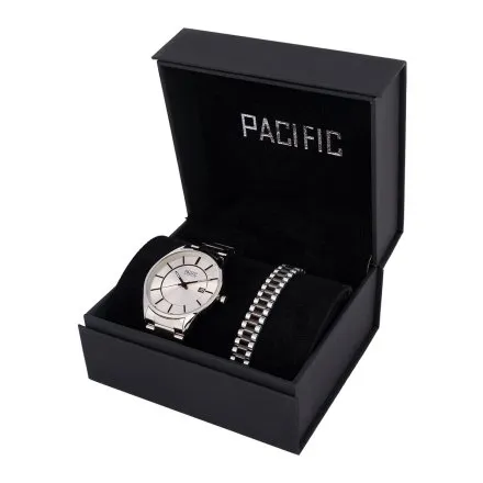Pacific X0037-01 komplet srebrny zegarek + bransoletka elegancki zestaw dla mężczyzn