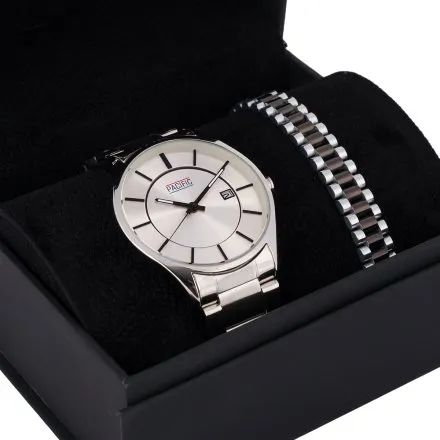 Pacific X0037-01 komplet srebrny zegarek + bransoletka elegancki zestaw dla mężczyzn
