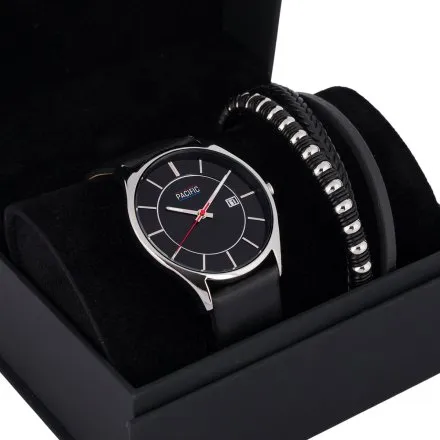Pacific X0037-07 komplet srebrny zegarek + bransoletka elegancki zestaw dla mężczyzn