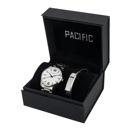 Pacific X0080-11 komplet srebrny zegarek + bransoletka elegancki zestaw dla mężczyzn