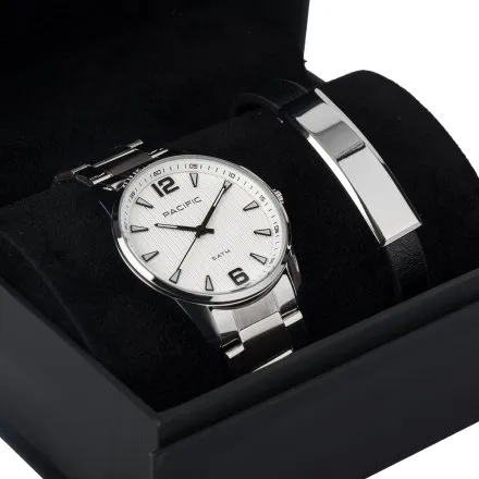 Pacific X0080-11 komplet srebrny zegarek + bransoletka elegancki zestaw dla mężczyzn