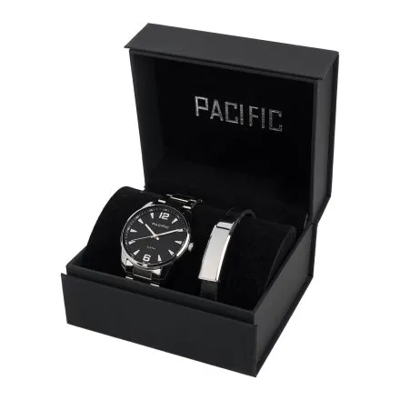 Pacific X0080-12 komplet srebrny zegarek + bransoletka elegancki zestaw dla mężczyzn