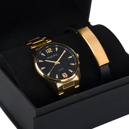 Pacific X0080-14 komplet złoty zegarek + bransoletka elegancki zestaw dla mężczyzn