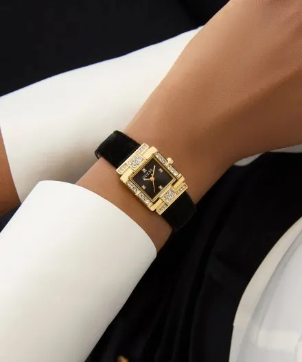 Guess Taylor złoty zegarek damski na czarnym pasku GW0923L2