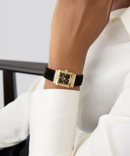 Guess Taylor złoty zegarek damski na czarnym pasku GW0923L2