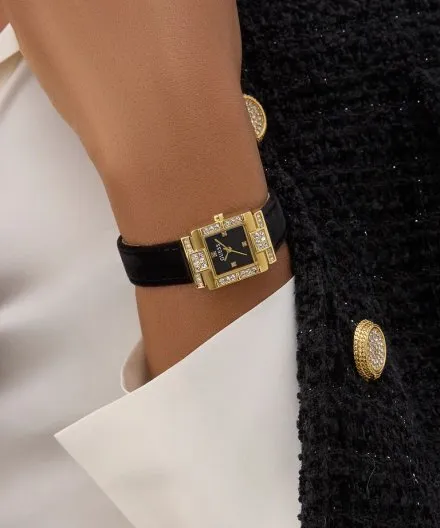 Guess Taylor złoty zegarek damski na czarnym pasku GW0923L2